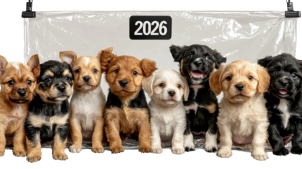 Adorable group of puppies from different breeds posing together in a photography studio in front of an adoption sign or banner ready for adoption or purchase
