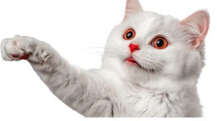 Adorable fluffy white domestic cat with big round orange eyes and small pink nose looking curiously at in a cozy and calm studio setting  The friendly and playful feline has soft fur cute paws