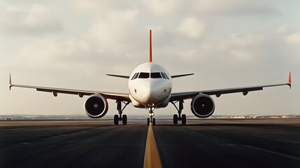 A passenger airplane is stationary on an airport runway waiting