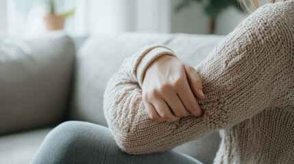A person applying a warm compress to their elbow in a peaceful living room. Featuring relief and recovery