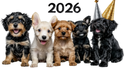 Group of Cute and Cuddly Puppies Posing Together with Party Hats Celebrating the Arrival of the New Year 2026 in a Cheerful and Festive Manner
