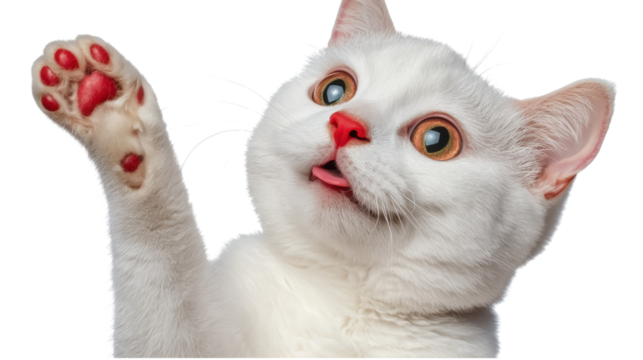 Playful and Curious White Kitten Sitting on Wrapped Gift Box in Studio  The adorable fluffy feline is looking directly at the with a mischievous and joyful expression