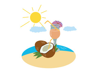 Tropical beach scene with coconut drink and cocktail in flat style