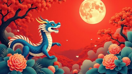 A vibrant Chinese wallpaper featuring a blue dragon with white scales, surrounded by lush foliage and blooming flowers under a full moon.
