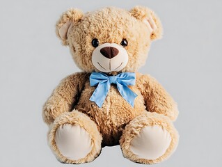 Obraz premium Soft teddy bear with a blue bow isolated against a light gray background
