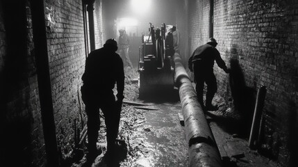 Fototapeta premium Workers construct a tunnel using machinery in a monochrome setting