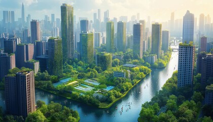 Obraz premium Eco-Friendly Green Cityscape with River and Lush Buildings - Sustainable Urban Life