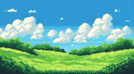 Obraz premium Pixel Art Summer Landscape: Rolling Green Hills Under a Sunny Sky