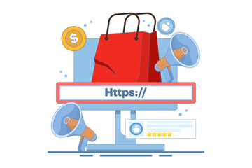 Affiliate program concept. Affiliate marketing. Promote and share affiliate links to earn commission. Earn commission for every product purchased through affiliate links. Flat design illustration.