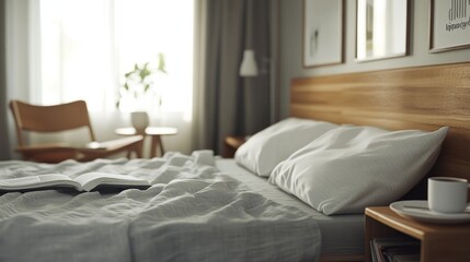 Serene bedroom with open book, morning light