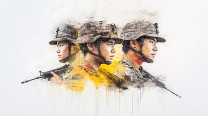 Ultra-photorealistic black and white mural of three Thai soldiers in full military attire, integrated with expressive cyan, magenta, and yellow graffiti sprays, painted on a worn-out city wall.