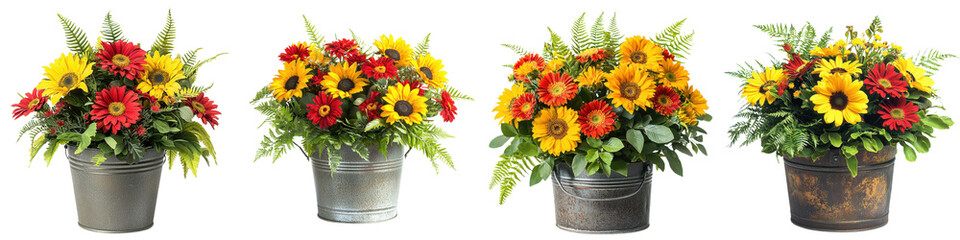 Obraz premium Vibrant floral arrangement in rustic metal vase showcasing a mix of yellow sunflowers red gerberas and lush green foliage against a warm wooden background Beautiful cheerful