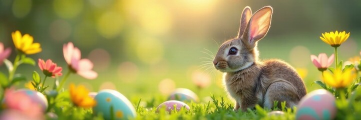 Obraz premium Bunny ears surrounded by blooming wildflowers and hidden eggs, spring elements, gentle lighting, meadow