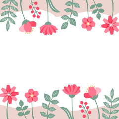 ピンクの花と植物の白バックフレーム