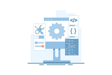 Software development concept. Coding and configuration of gears on a computer screen showing the settings of a screwdriver key code. Flat illustration Isolated background with flat line style.