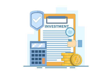 Safe Investment Concept. Clipboard with Calculator and Shield. Financial Stability. Investment Planning and Calculation. Protection of Financial Savings in Economic Crisis. Flat vector illustration.