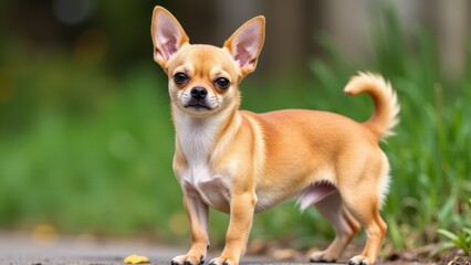 Obraz premium A creel chihuahua stands alert on a path with a blurred green background.
