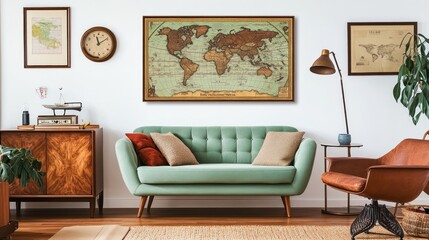 Cozy living room featuring vintage decor and a world map