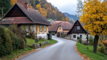 Fototapeta premium Winding road passes charming old houses in autumn landscape