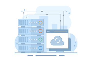 Data Server Concept . Laptop with Data Server. Cloud computing. Data storage protection, computing science disk services, connection innovation. Vector Illustration Design on background.