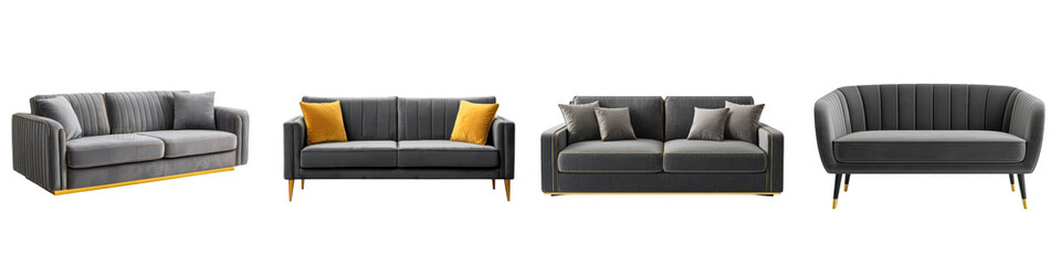 Fototapeta premium Elegant gray velvet sofa with plush cushions and matching armchairs in a cozy and contemporary living room setting