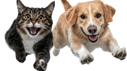 Cheerful cat and dog playing together showcasing their endearing bond and harmonious coexistence as beloved domestic animal companions