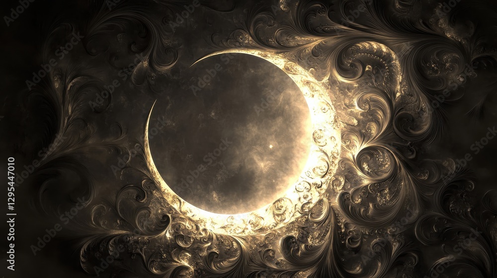 Poster ethereal moon surrounded by intricate patterns and swirls in dark cosmic background for mystical art