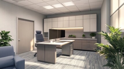 A modern and clean office space is designed for productivity