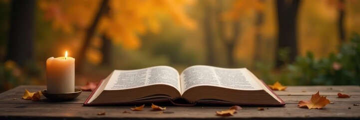 Fototapeta premium An open Bible resting on a wooden table with a single flickering candle beside it amidst the fall foliage, fall, sacred space