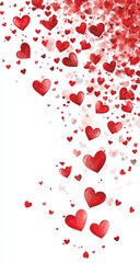 White background, red hearts falling from the top left corner to the bottom right corner, small and large heart shapes of different sizes