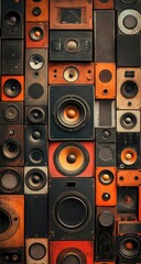 A wall of speakers in various sizes and styles, with orange and brown tones, arranged symmetrically.