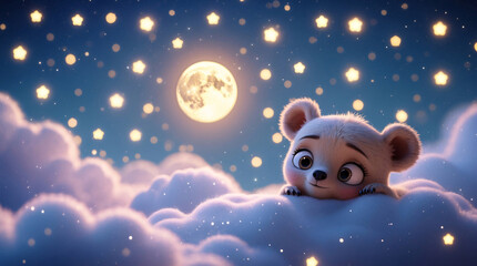 Fototapeta premium Cozy Baby Bear Sleeping on Fluffy Cloud with Glowing Crescent Moon and Twinkling Stars in Night Sky Kids and Children Book Cover Design Idea Inspiration