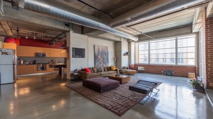 Fototapeta premium Modern Loft Apartment Featuring Exposed Pipes and Brick Walls
