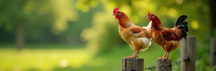 Fototapeta premium Chickens standing on fence post , country scene, rural landscape, chicken