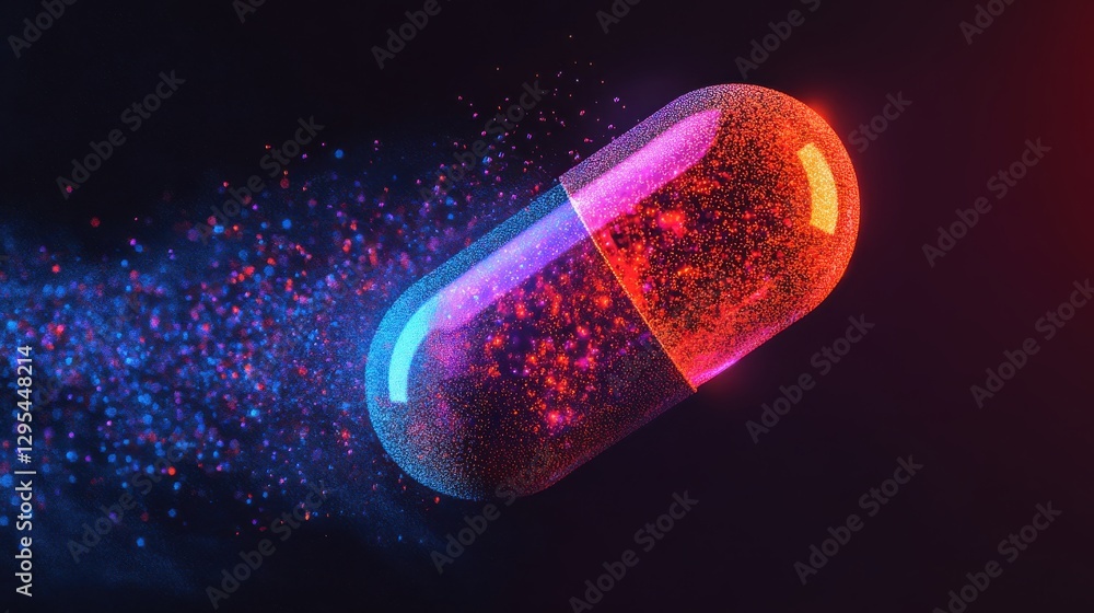 Poster vibrant and dynamic visualization of a colorful capsule with sparkling dust against a dark backgroun