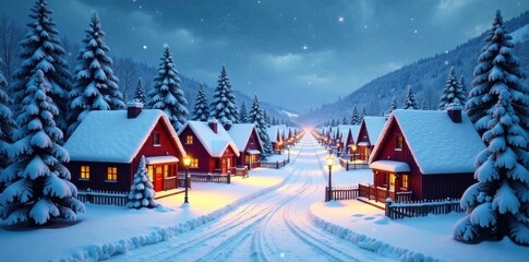 Fototapeta premium Christmas village with snowy houses and streets, festive, seasonal, houses
