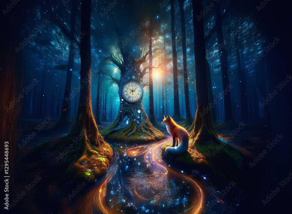 Poster enchanted forest background at night. a fox observes a glowing clock tree, creating a magical, surre