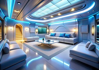 Sleek, minimalist spaceship interior: luxurious, elegant rooms for discerning travelers.