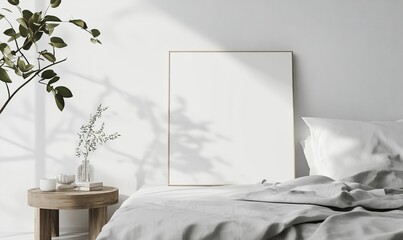 Blank frame on bed in a sunlit bedroom with plants. Use for mockup