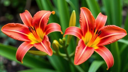 Fototapeta premium Two vibrant ditch lilies with orange and yellow petals in full bloom, surrounded by green foliage.
