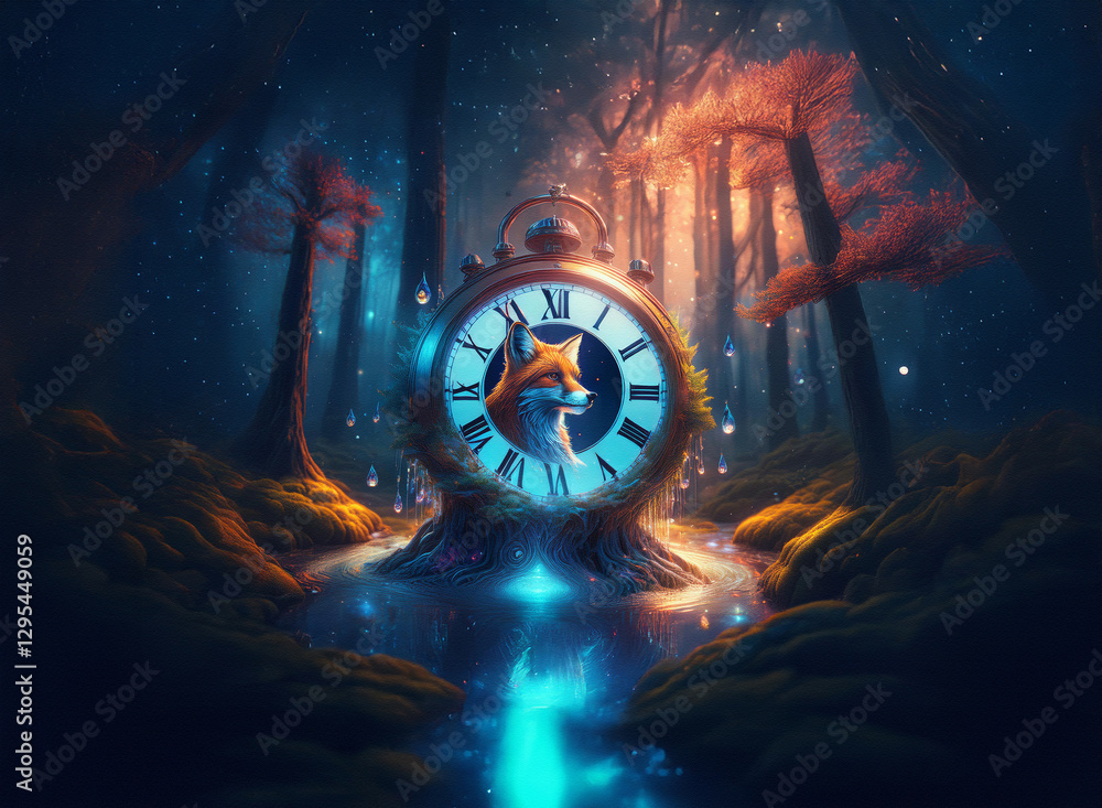 Poster a fox is nestled inside a glowing clock face, creating a whimsical scene. the background shows a dar