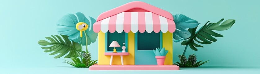 Cute shop, tropical plants, summer, pastel colors, online store