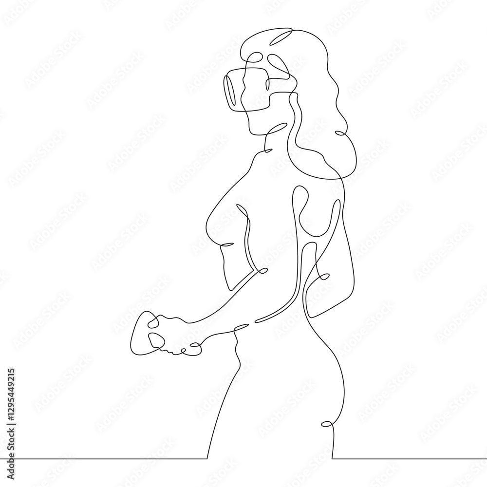 Poster continuous one line drawing woman in virtual reality. girl in vr headset. high technology. one conti