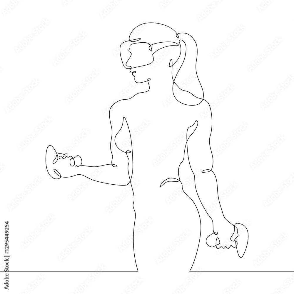 Poster continuous one line drawing woman in virtual reality. girl in vr headset. high technology. one conti