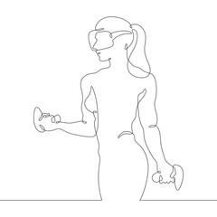 Continuous one line drawing woman in virtual reality. Girl in VR headset. High technology.
One continuous line isolated minimal illustration.Not AI.