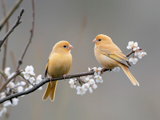 Obraz premium Two yellow birds perched on a flowering branch during a serene spring day