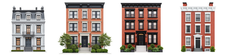 Naklejka premium Charming Historic Brick Townhouses with Lush Greenery Lining the Streets of an Urban Residential Neighborhood