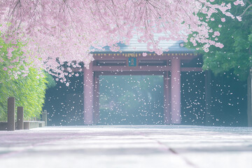 Cherry blossom petals float gently through a serene pathway in springtime Japan near a traditional gate