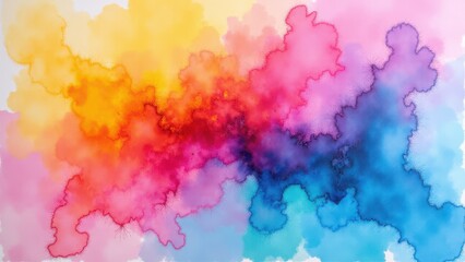 A vibrant watercolor painting with a blend of yellow, pink, red, and blue hues creating an abstract pattern.