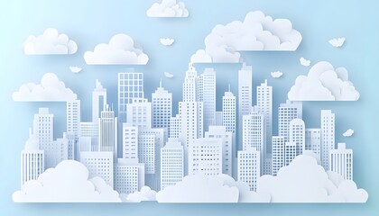 Obraz premium White paper cityscape with fluffy clouds in a blue sky